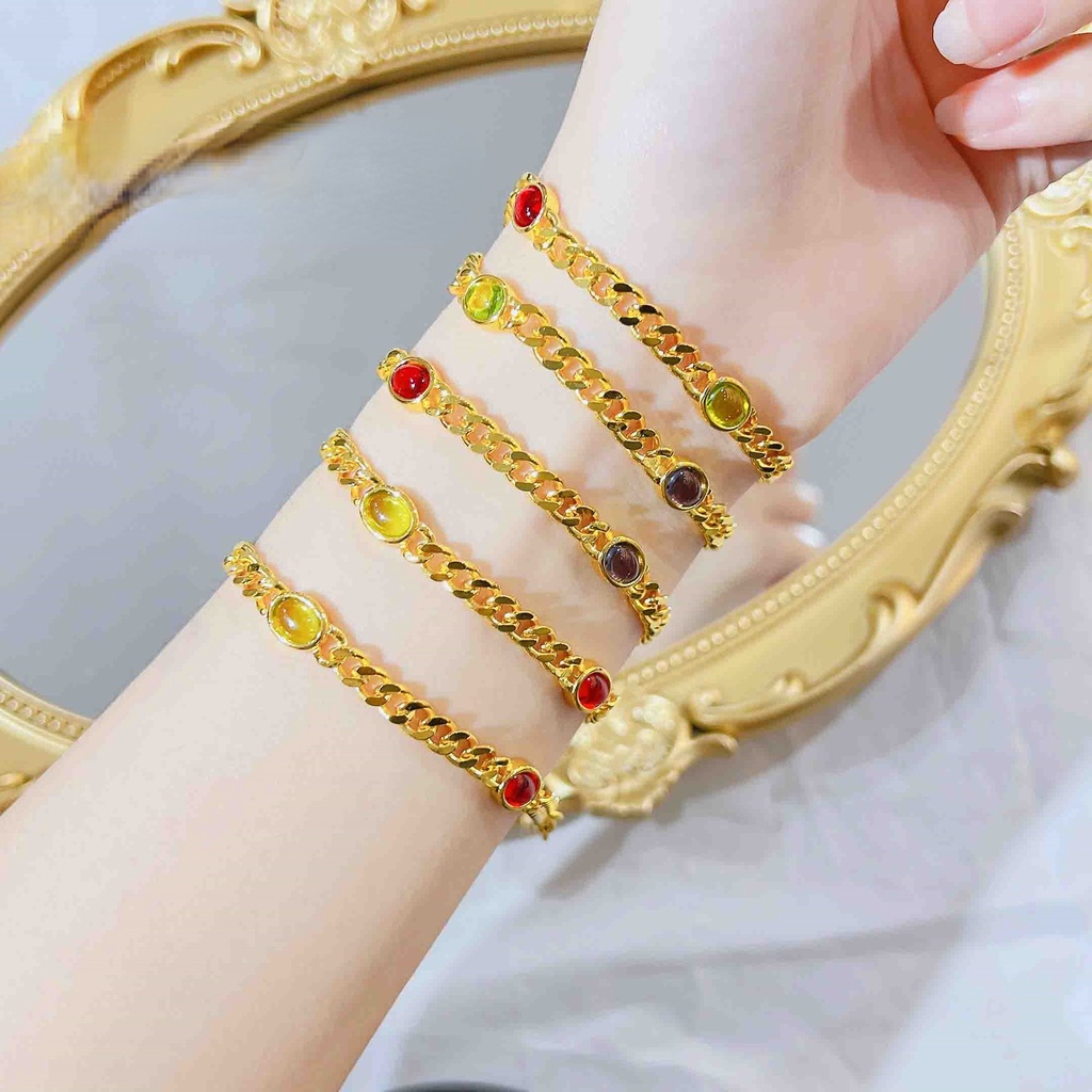 Goldkingdom Aksesoris Perhiasan Fashion Ready Stock Perhiasan Mewah Permen Bertatahkan Berlian Kalung Sweater Rantai Berliku Gelang Sederhana Lingkaran Tunggal Menyamping Gelang.