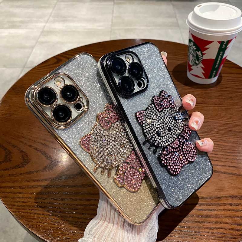 For iPhone 11 12 13 14 Pro Max Bling Bling Sparkly Diamond Hello Kitty Rhinestone Case Luxury Soft Silicone Gradient Women‘s Fashion