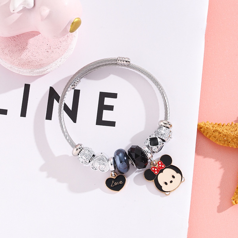 XiaoboACC DIY Stainless Steel Fashion Kartun Diasy Beruang Strawberry Liontin Tidak Luntur Gelang Manik-Manik Terbuka