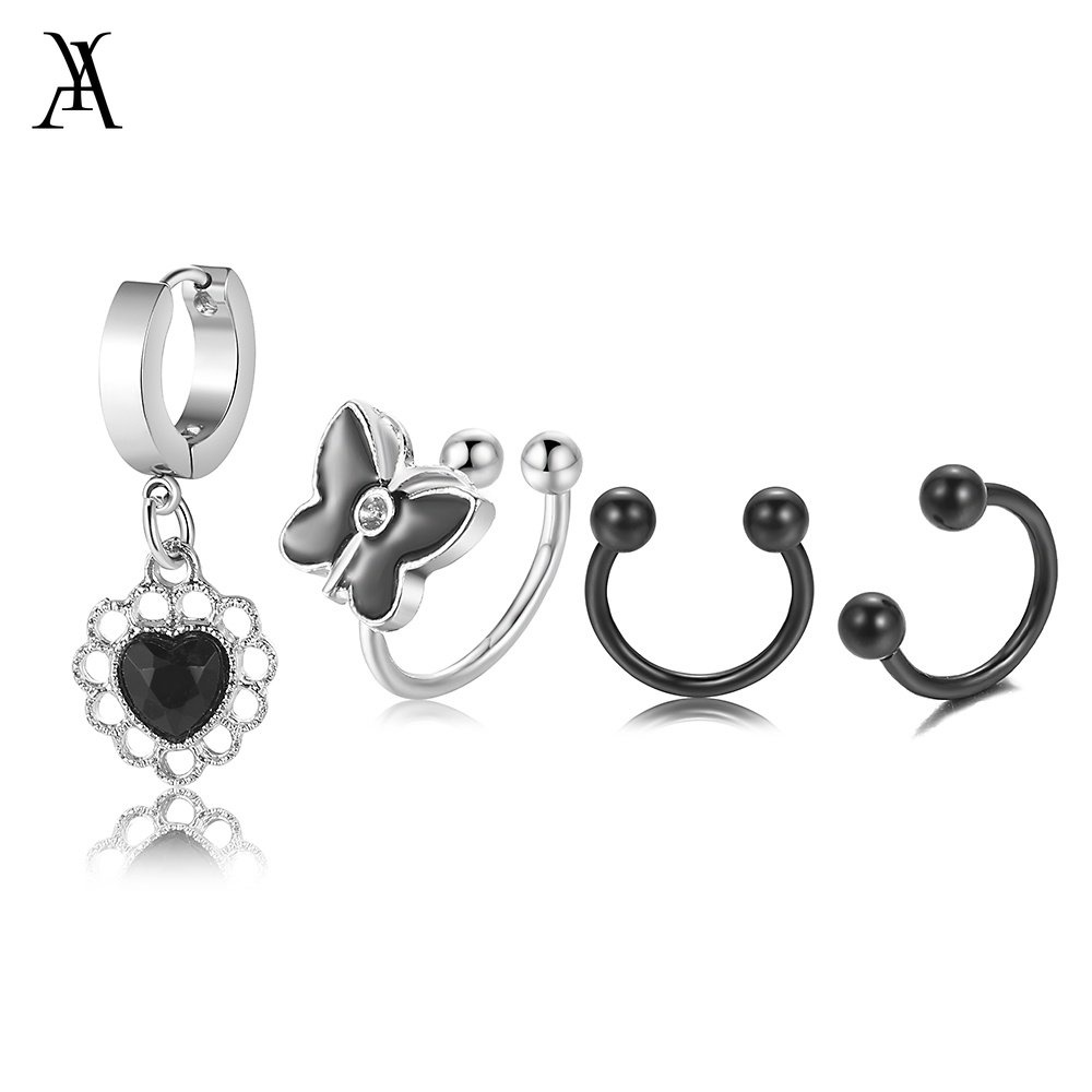 AY(CN) 4pcs / Set Anting Klip Telinga Model Butterfly Heart Drop Warna Hitam Gaya Retro Untuk Wanita