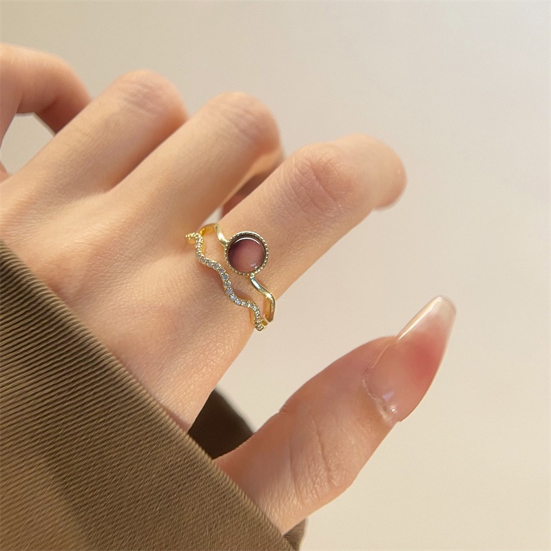 Gaya Vintage Korea Red Opal Zircon Kristal Lapis Emas Baja Titanium Elegan Wanita Fashion Perhiasan Pesta Pernikahan Pertunangan Rings Adjustable Size