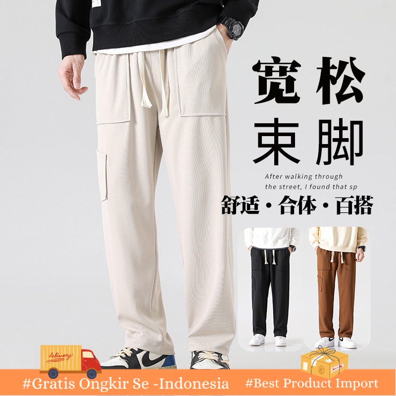 Celana Santai Pria Warna Murni Jepang High Street Berat Lurus Celana Kargo     Celana Beige Putih Ka