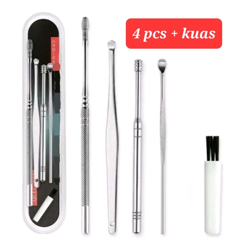 paket korek kuping isi 4 + kuas ear pick tool set 5in1 alat pembersih telinga stainless isi 5 korek kuping isi 5