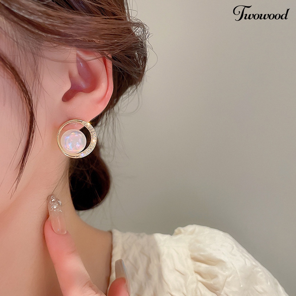 Twowood 1pasang Anting Hoop Glitter Bulat Telinga Dekorasi Elegan Temperamen Mutiara Imitasi Berlian Imitasi Ear Studs Untuk Perjamuan