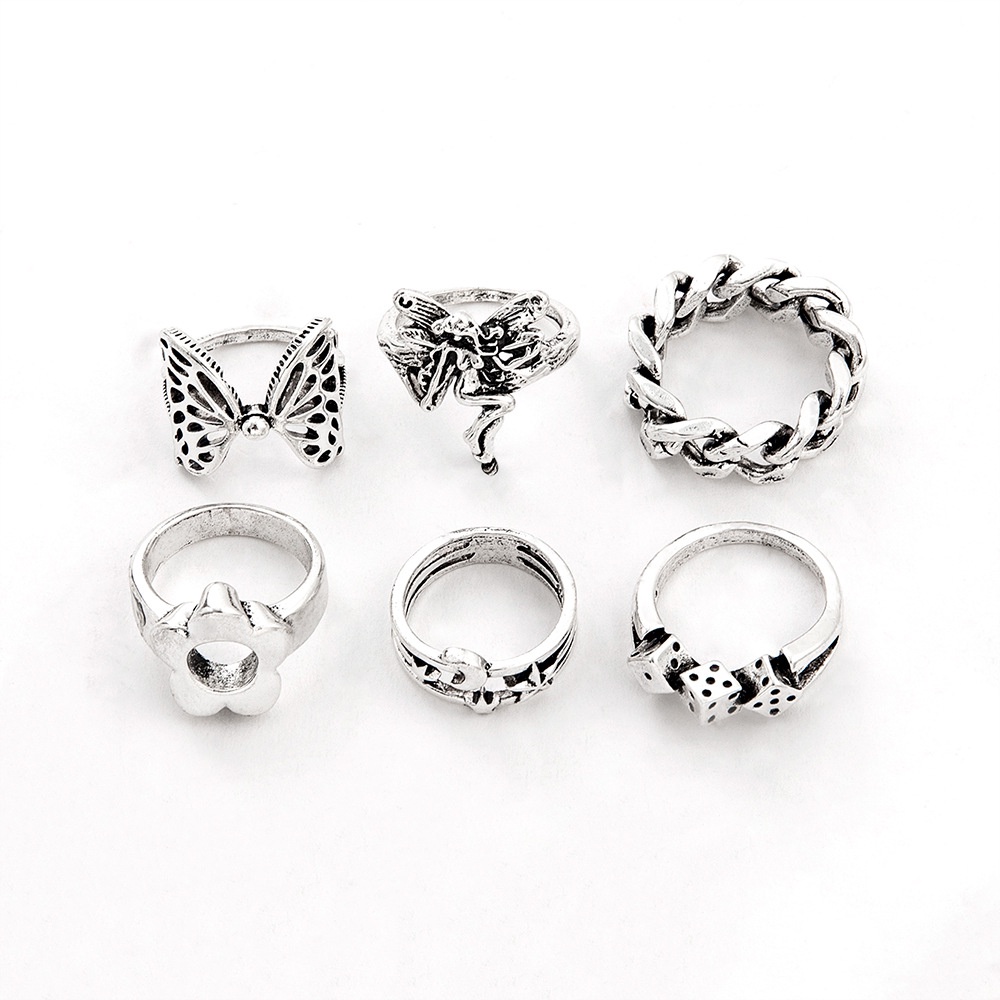 Perhiasan Cincin Rantai Model Butterfly Flower Skull Warna Silver Gaya Vintage Gothic Punk Untuk Pria Dan Wanita