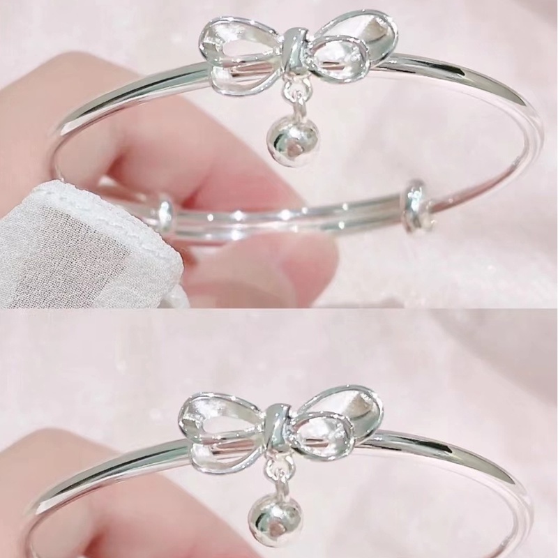 Trendy Princess Bowknot Bangle Dengan Liontin Lonceng/Adjustable Gelang Busur Warna Silver/Aksesoris Perhiasan Pesta Wanita