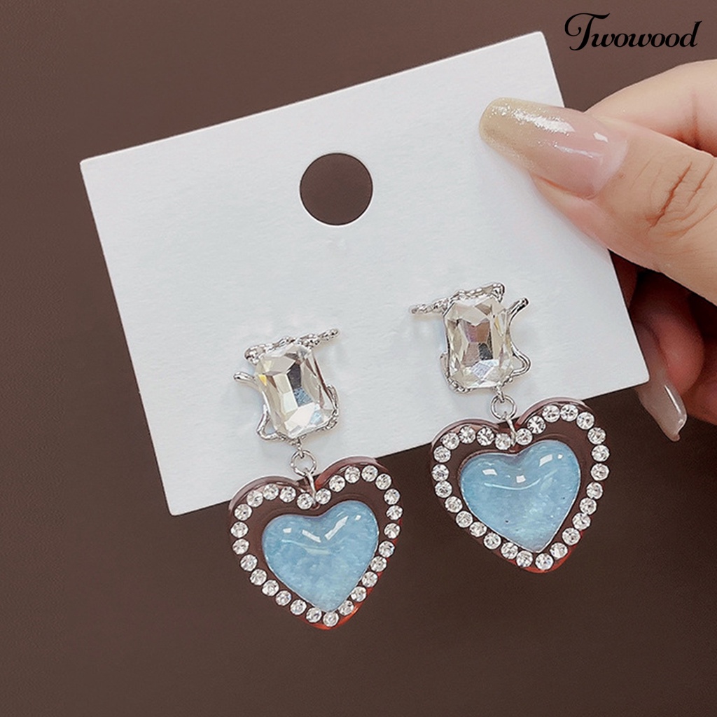 Twowood 1pasang Menjuntai Anting Vintage Romantis Bersinar Cubic Zirconia Hias Geometris Hadiah Wanita Hati Liontin Stud Earrings Pesona Perhiasan Untuk Pacaran