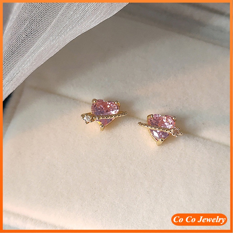 Anting Imut Pink Love Zircon Manis Dan Keren Gadis