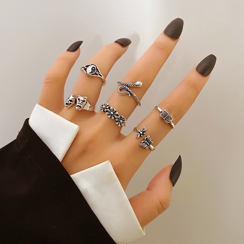 16pcs Set Cincin Tai Chi Yin Yang Kepribadian Vintage/Fashion Cincin Geometri Timbul Aksesoris Perhiasan Pesta