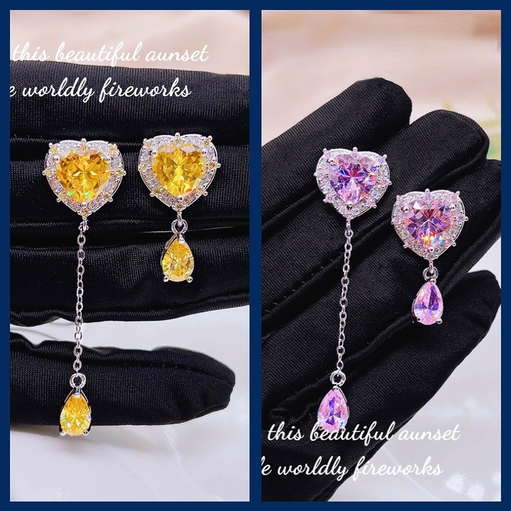 Goldkingdom Fashion Perhiasan Aksesoris Ready Stock Cahaya Mewah Manis Angin Dingin Pink Kuning Berlian Hati Asimetris Perempuan Anting Liontin