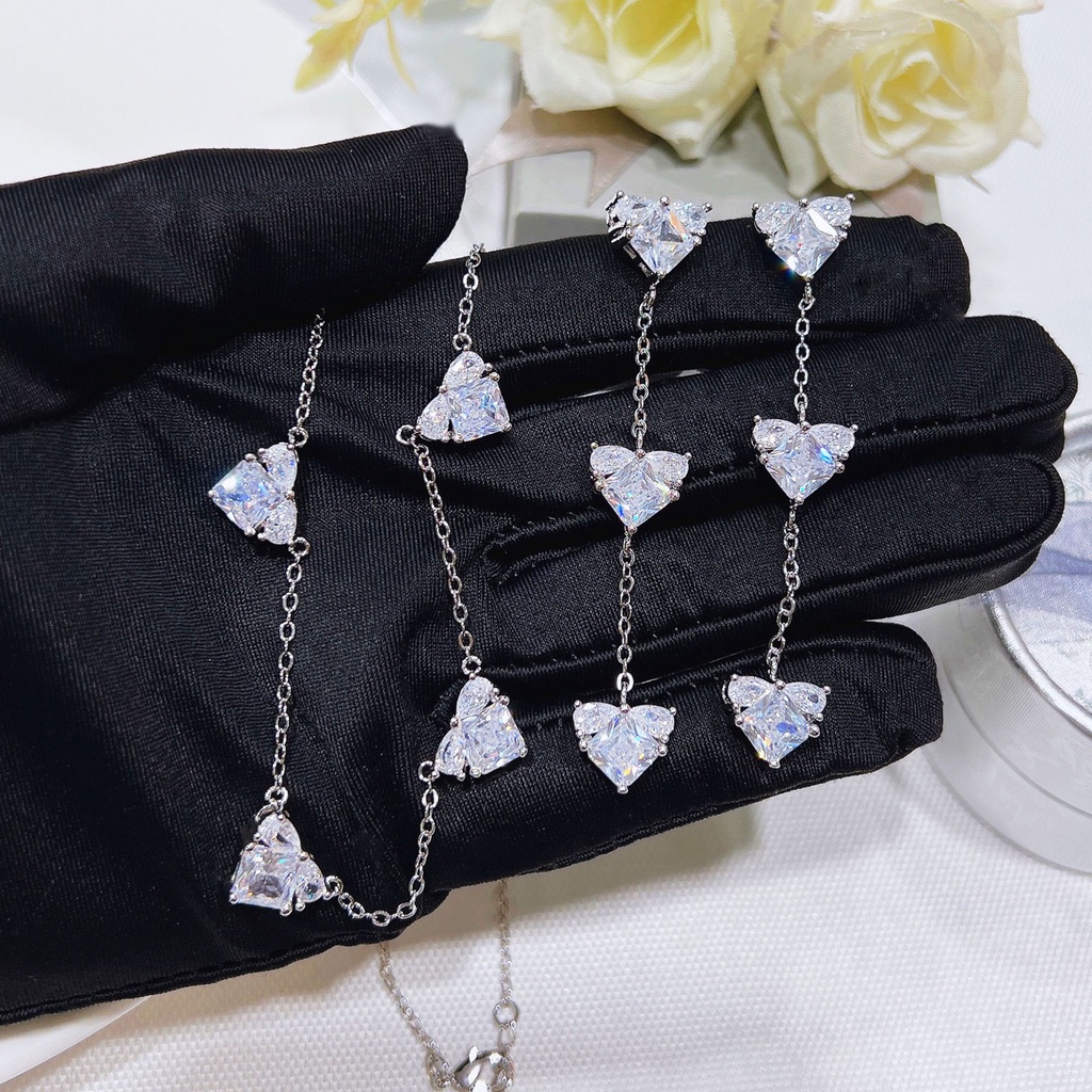 Goldkingdom Fashion Perhiasan Aksesoris Ready Stock Cahaya Mewah Putri Merah Muda Berlian Hati Kalung Wanita Kadar Tinggi Cinta Panjang Rumbai Telinga Stud Set