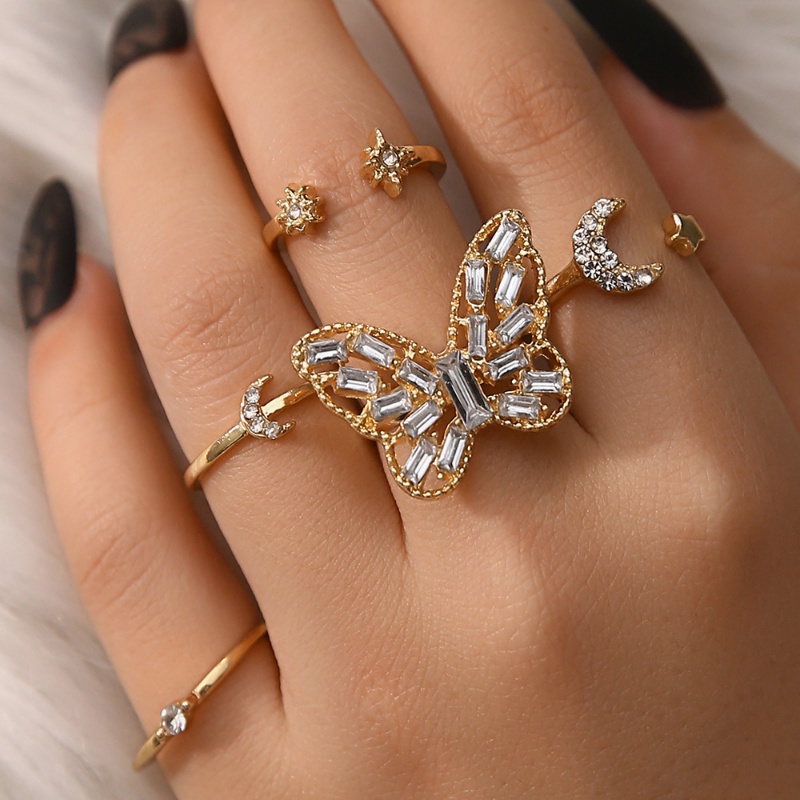 5pcs/set Cincin Terbuka Berlian Kupu-Kupu Fashion/Cincin Bulan Bintang Untuk Perhiasan Pesta Wanita