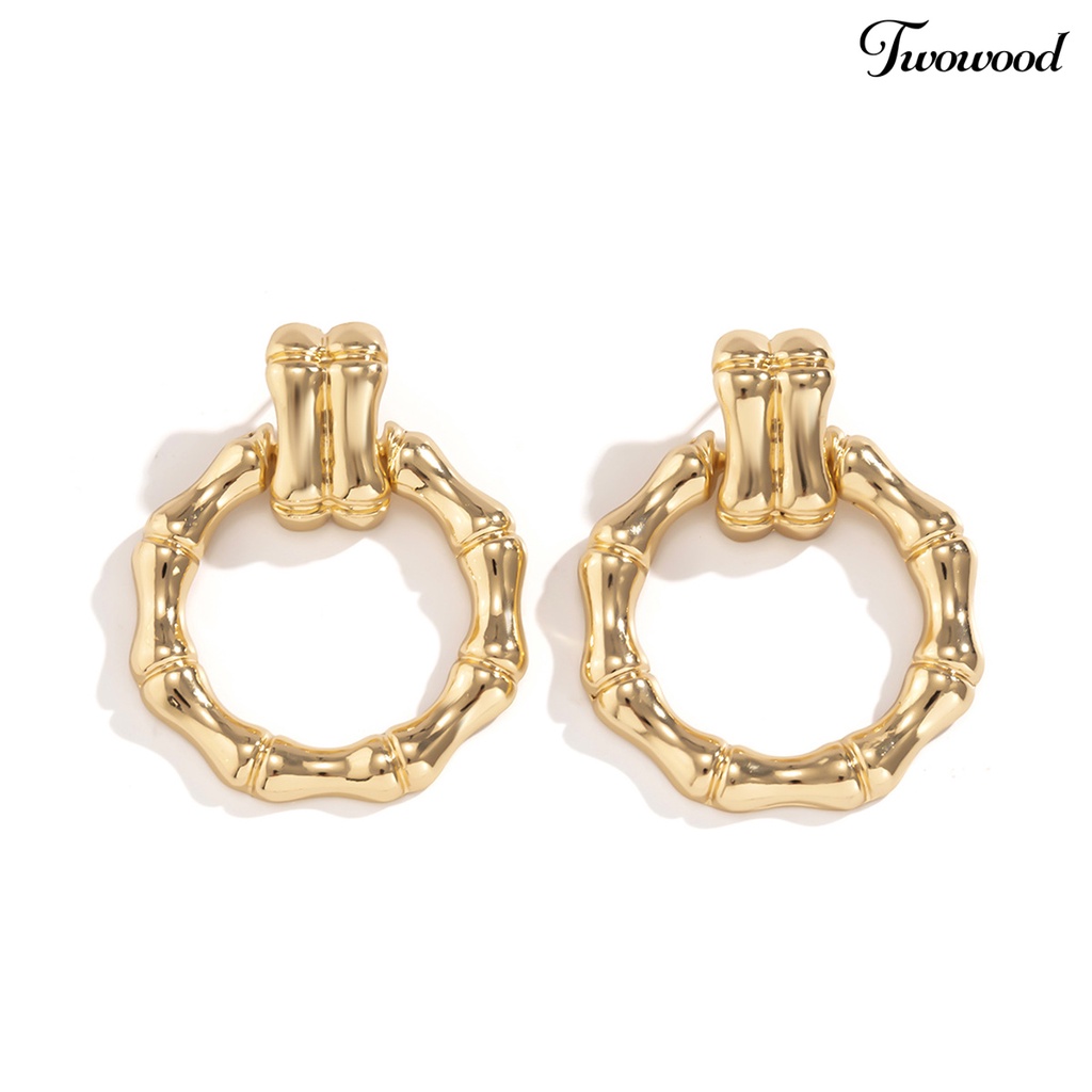 Twowood 1pasang Anting Pejantan Geometris Electroplating Glossy Minimalis Liontin Telinga Hiasan Colorfast Bulat Bambu Telinga Hoop Earrings Perhiasan Aksesori