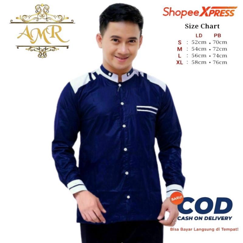 M Promo Baju muslim Koko Pria Dewasa Terbaru Lengan Panjang Putih Motif Tanduk Rusa Kualitas Premium