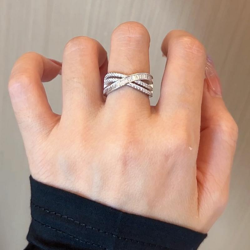 Perak925 Berlian Berkilau Zirkon X Cincin Terbuka Wanita Korea Pasangan Aksesoris Hadiah