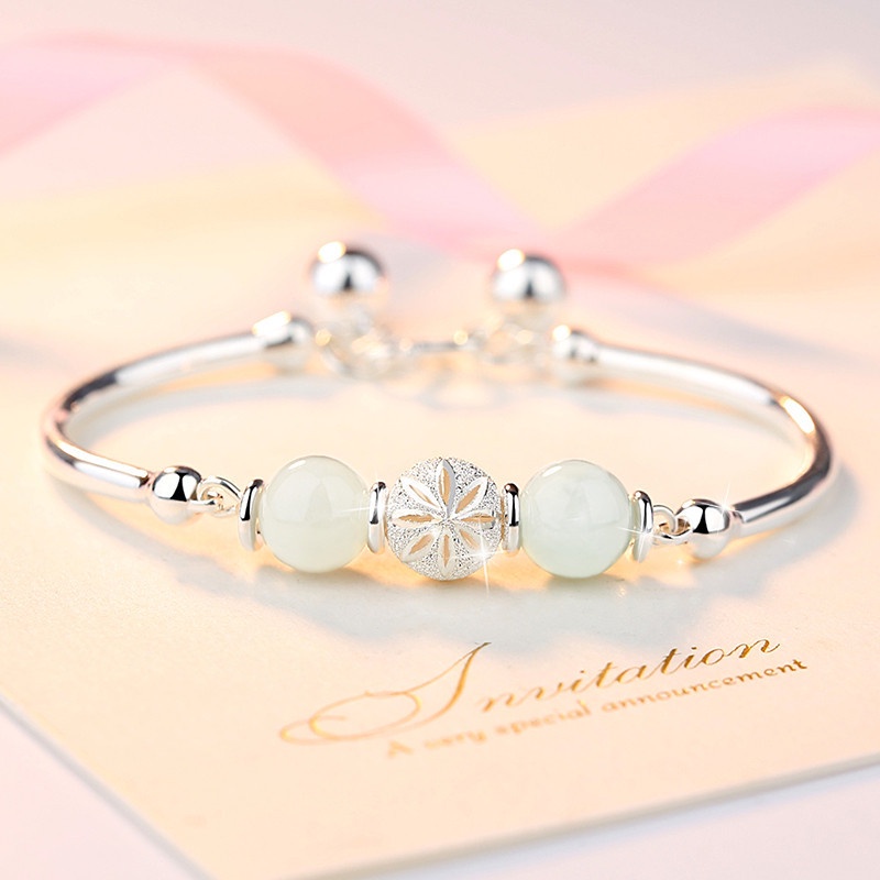 Goldkingdom Aksesoris Perhiasan Fashion Ready Stock Desain Niche Baru Versi Korea Kepribadian Sederhana Giok Pembukaan Gelang Berlapis Perak Lari Manik-Manik Gelang Wanita