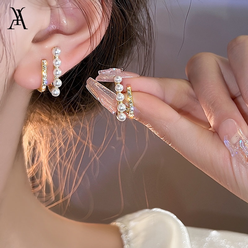 AY(CN) Anting Stud Hias Kristal Mutiara Warna Emas Untuk Wanita