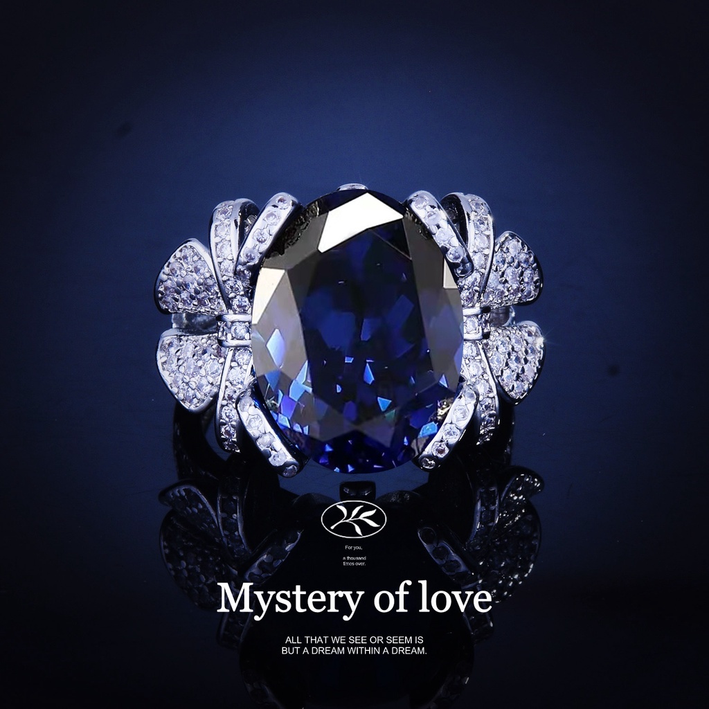 Goldkingdom Aksesoris Perhiasan Fashion Ready Stock Baru Chao Xian Busur Desain Royal Sapphire Open Ring Mewah Penuh Berlian Dan Pita Berwarna Harta Cincin