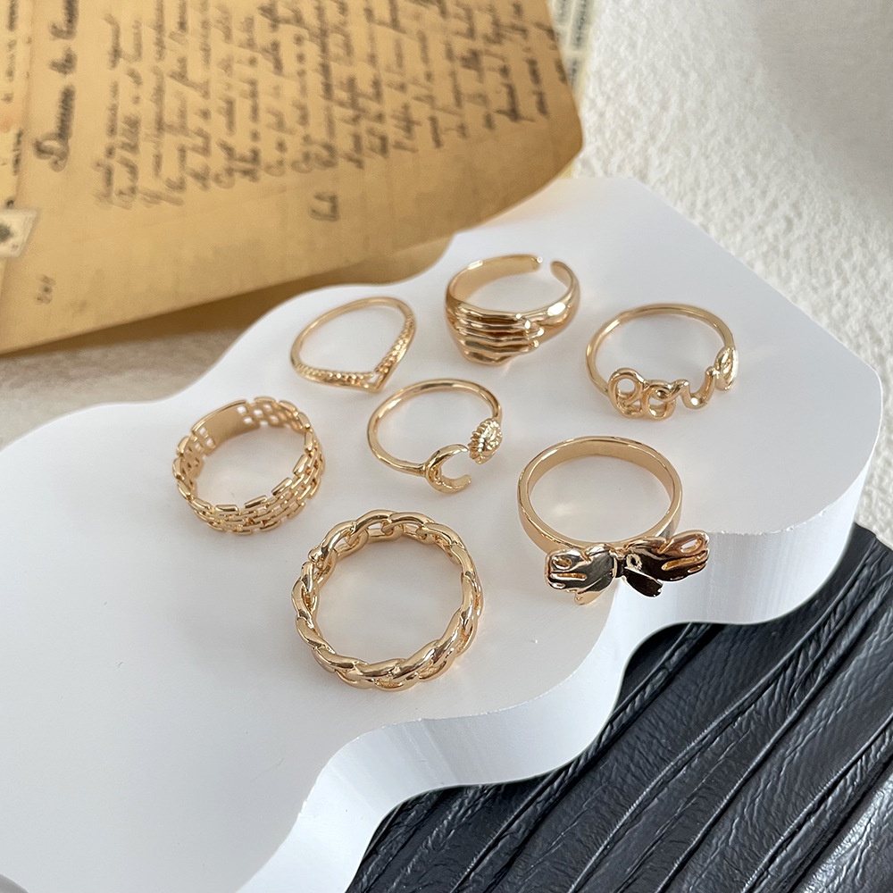 Fashion Trend Kupu-Kupu Cincin Inse Gaya Eropa Dan Amerika Logam Cincin Matahari Dan Bulan Surat Cinta Cincin 7-piece Set
