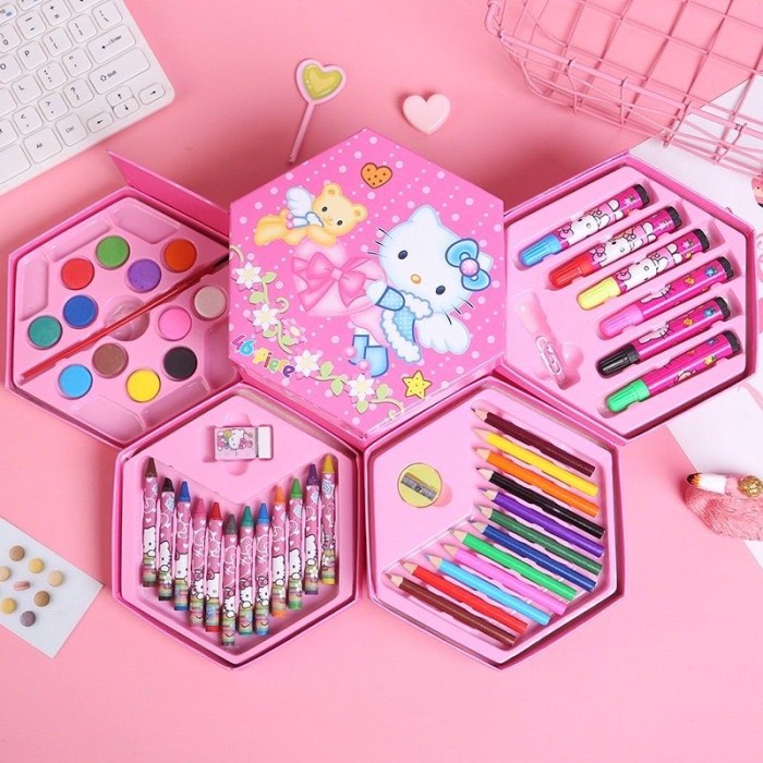 

Terlaris Pensil Warna Set 46 Pcs Crayon Set Kartun Hadiah Anak Gift Box