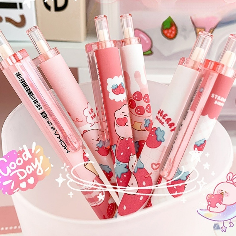 Kartun Strawberry Dinosaurus Press Pen/Kawaii 0.5mm Tinta Hitam Gel Pulpen/Alat Tulis Kantor Sekolah Pena Netral Persediaan