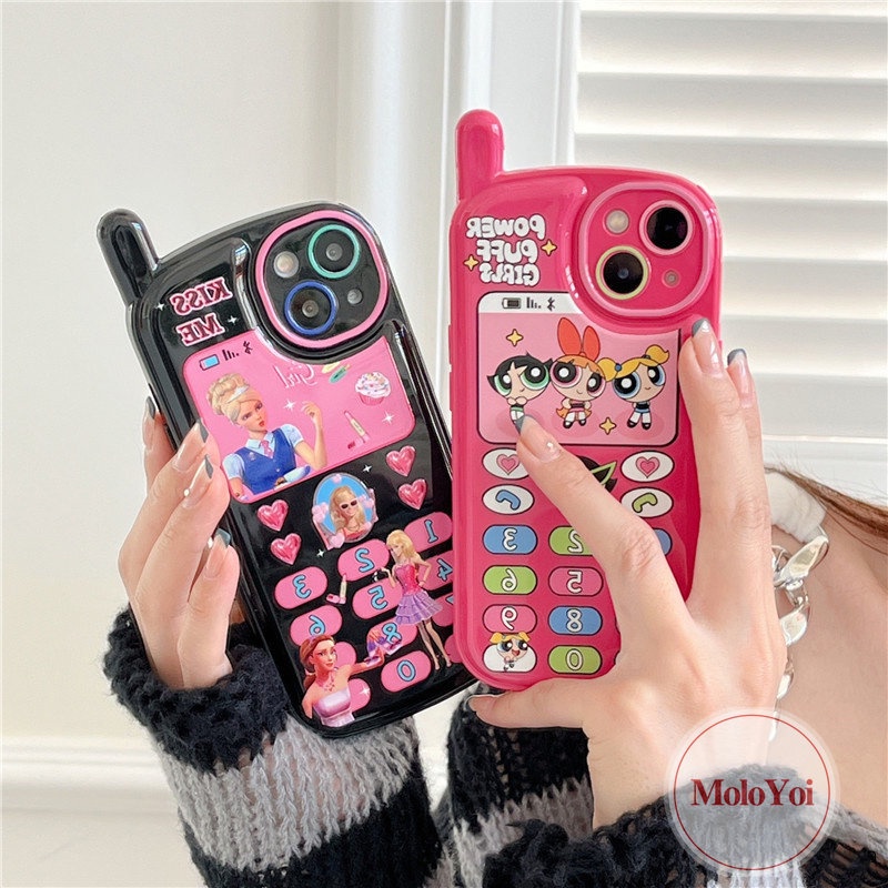 IPHONE Case Bentuk Ponsel Kepribadian Retro Kreatif Kompatibel Untuk Iphone11 7 8 Plus XR 13 14 12 Pro MAX X XS MAX Kartun Powerpuff Gadis Barbie Soft Cover