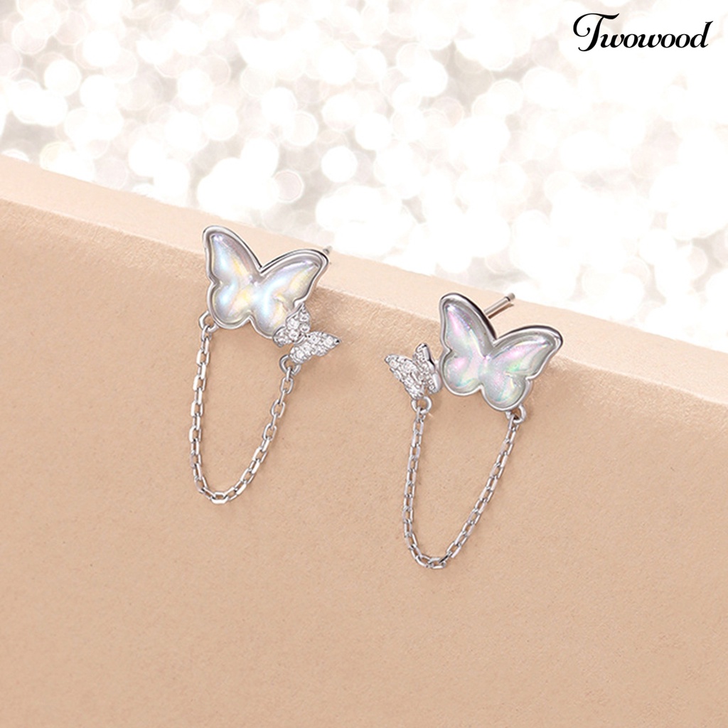 Twowood 1pasang Ear Studs Mini Faux Moonstone Elegan Berlian Imitasi Tertanam Kupu-Kupu Rantai Wanita Anting Fashion Perhiasan