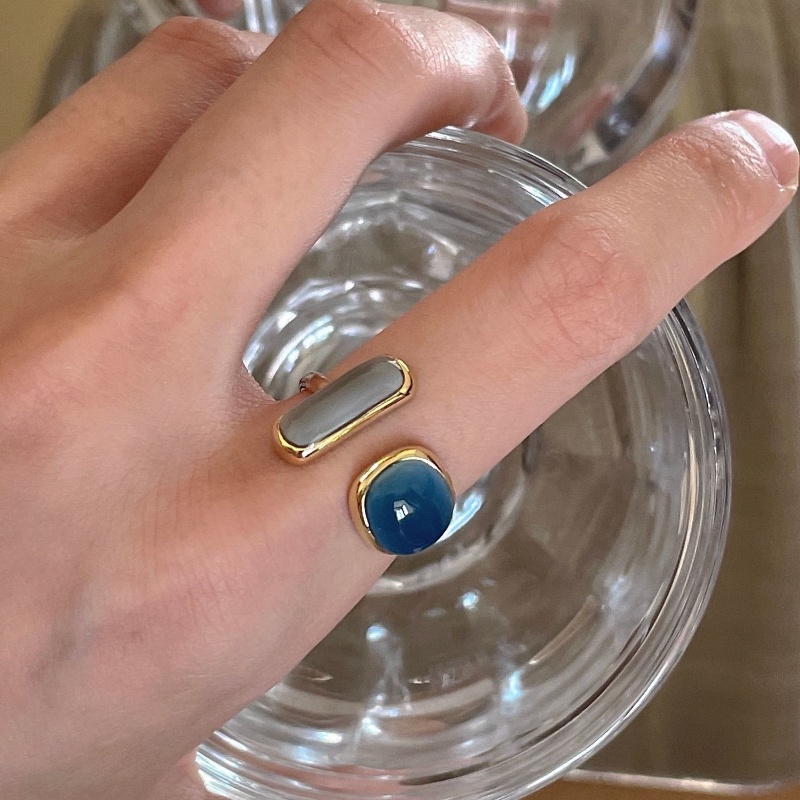 Papaozhu Vintage Biru Hijau Permata Chunky Cincin Wanita Pria Klasik Stackable Ring Elegan Jari Manset Perhiasan Aksesoris