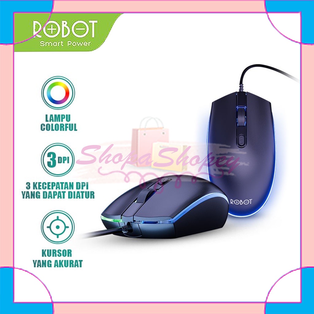 Mouse ROBOT M130 Wired Mouse Kabel Colorful LED 3 Kecepatan DPI Kursor - Garansi Resmi 1 Tahun