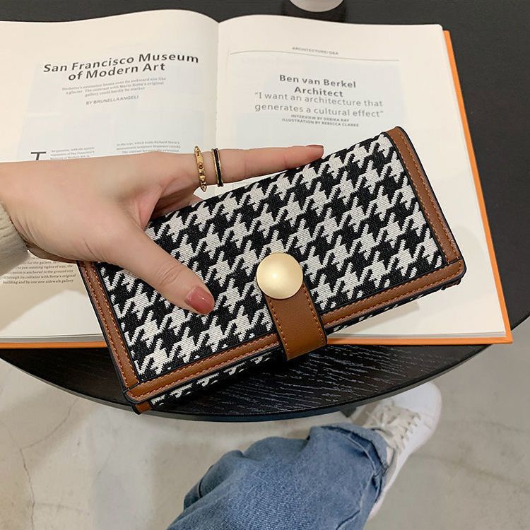 Sera baru kanvas houndstooth dompet kecil wanita paragraf pendek warna kontras lipat klip koin multi-kartu gesper tas genggam panjang