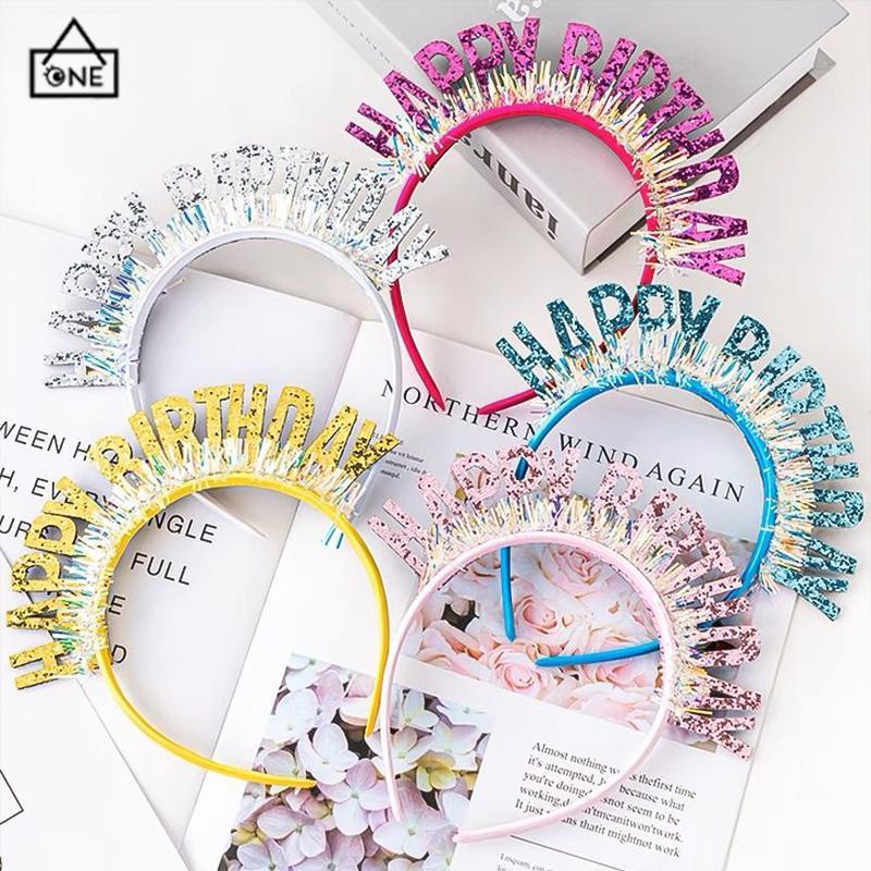 COD❤️Bando Ulang Tahun Warna-warni Gaya Kreatif DIY Selamat Hairband Tata Letak Tempat Pesta Warna Cerah-A.one