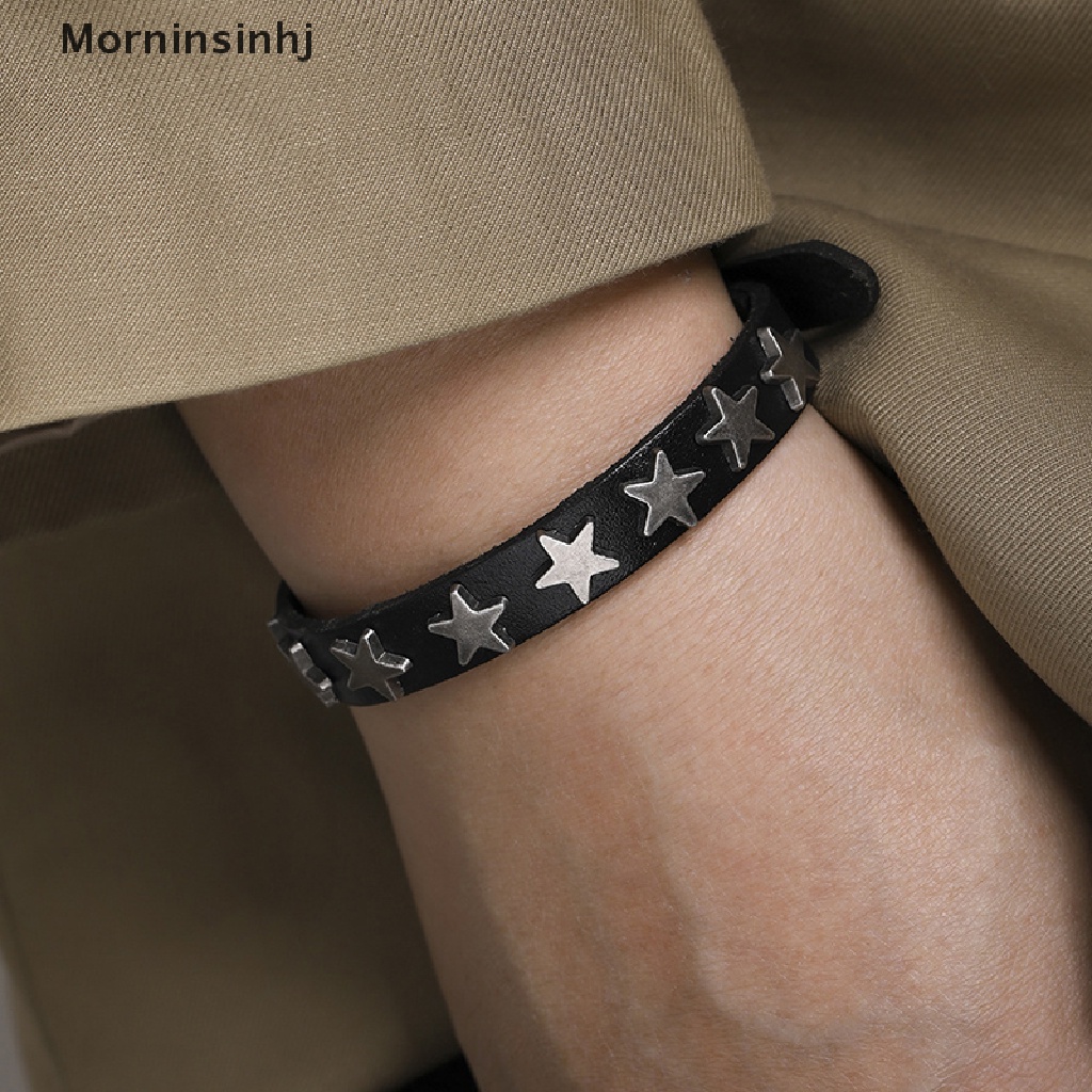 Mornin Punk Vintage Sabuk Gesper Gelang Lilit Paku Bintang Rivet Gelang Kulit Cuff Bracelet id