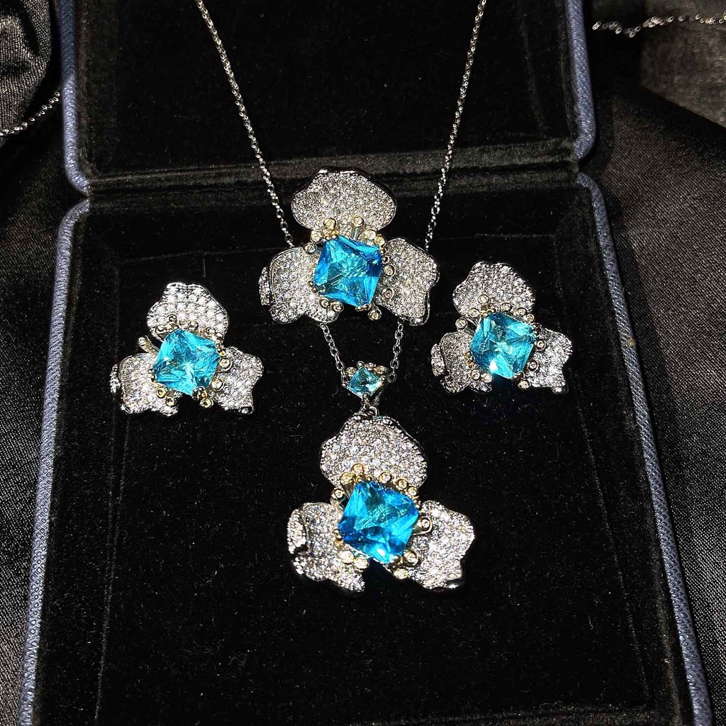 Goldkingdom Fashion Perhiasan Aksesoris Ready Stock Gaoding Jewelry Anting Bunga Temperamen Suasana Mode Swiss Blue Topaz Cincin Rasa Tinggi Kalung Set Perempuan