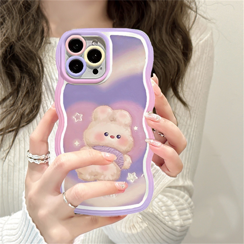 IPHONE Fashion Case Kompatibel Untuk Iphone11 13 12 14 Pro MAX iPhone7 8plus 6s Plus XR 14Plus XS MAX Lucu Bengkok Kepala Beruang Kelinci Doodle Cinta Hati Bergelombang Tepi Ponsel Cover RIXUAN