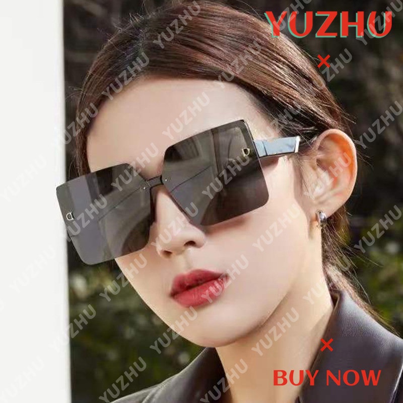 (YUZHU) Kacamata Hitam Setengah Bingkai Berbentuk D Fashion Korea Untuk Wanita INS Gaya Oversized Square Frame Sunscreen Sunglasses