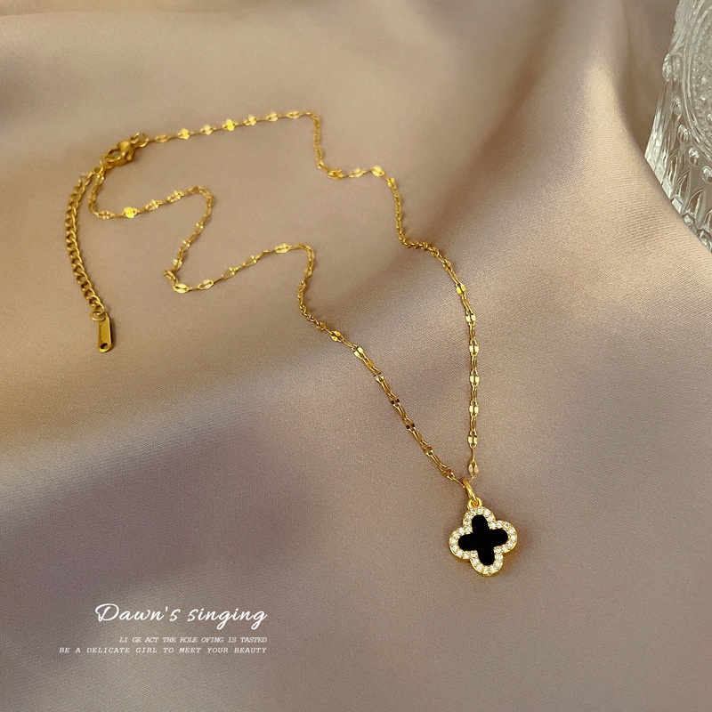 Kalung Titanium Asli Wanita Anti Karat Emas 18K Clover Aksesoris