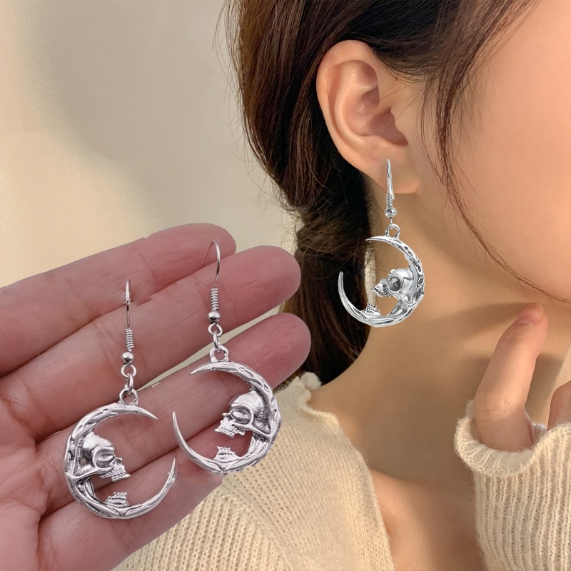 1pasang Anting Liontin Tengkorak Gaya Gotik/Fashion Retro Crescent Skeleton Drop Earrings Untuk Wanita