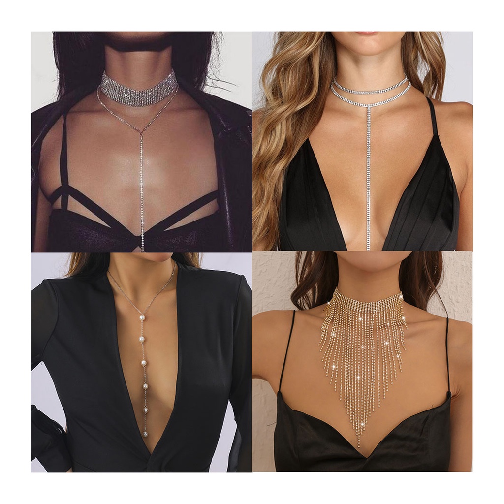 Trendy Bersinar Berlian Imitasi Panjang Rumbai Kalung Untuk Wanita Berlebihan Gaya Fashion Sexy Kalung Perhiasan Pesta