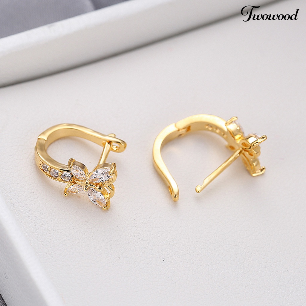 Twowood 1pasang Anting Hoop Vintage Pendek Gaya Pastoral Shiny Cubic Zirconia Hias Hadiah Valentine Wanita Butterfly Shaped Menjuntai Earrings Perhiasan Gadis