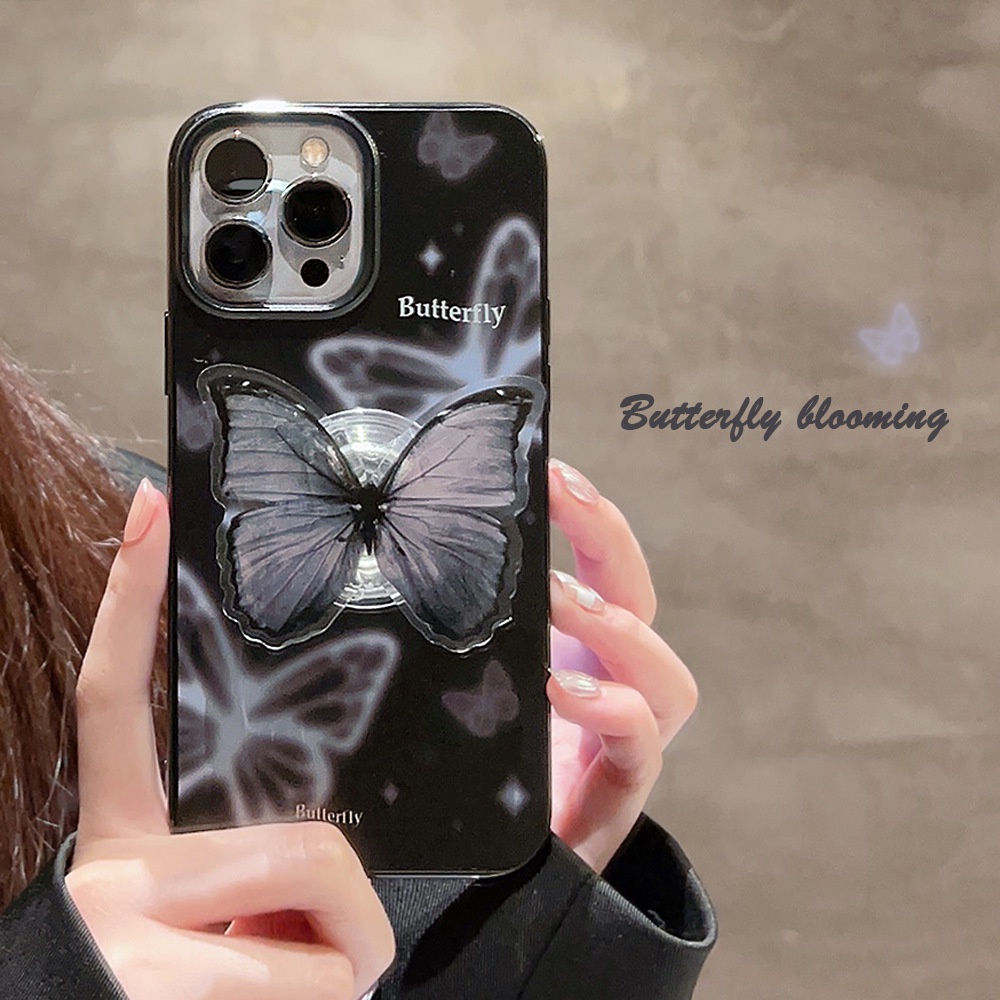 Ins Hazy Purple Butterfly Silicone Case Dengan Butterfly Holder Untuk Iphone SE 2020 7 /8 Plus 14x XR XM 11 12 MINI 13 PRO MAX Casing Cover Pelindung AT0104