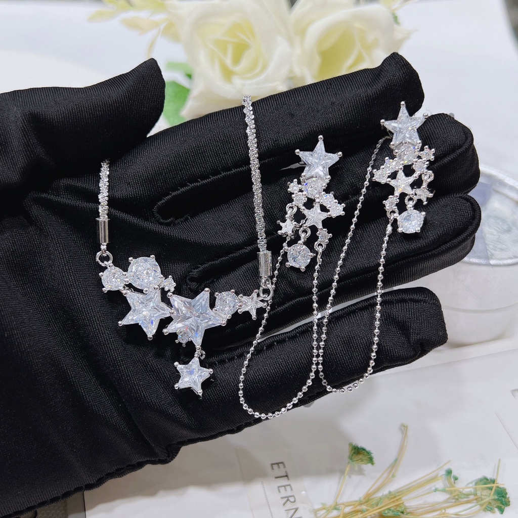 Goldkingdom Fashion Perhiasan Aksesoris Ready Stock Bermutu Tinggi Cahaya Mewah Bersinar Zirkon Choker Kalung Gantung Bintang Berujung Lima Chic Anting Terbuka Cincin Jari Telunjuk