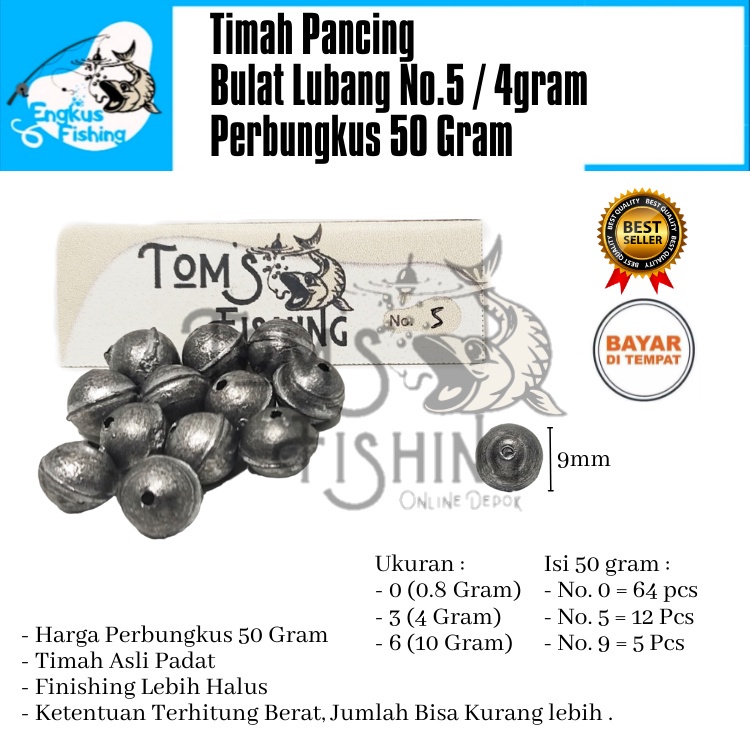 Timah Pancing Model Lada Bulat Lubang Perbungkus 50gram (No.0/0.8gr, 5/4gr &amp; 9/10gr)  Murah - Engkus Fishing