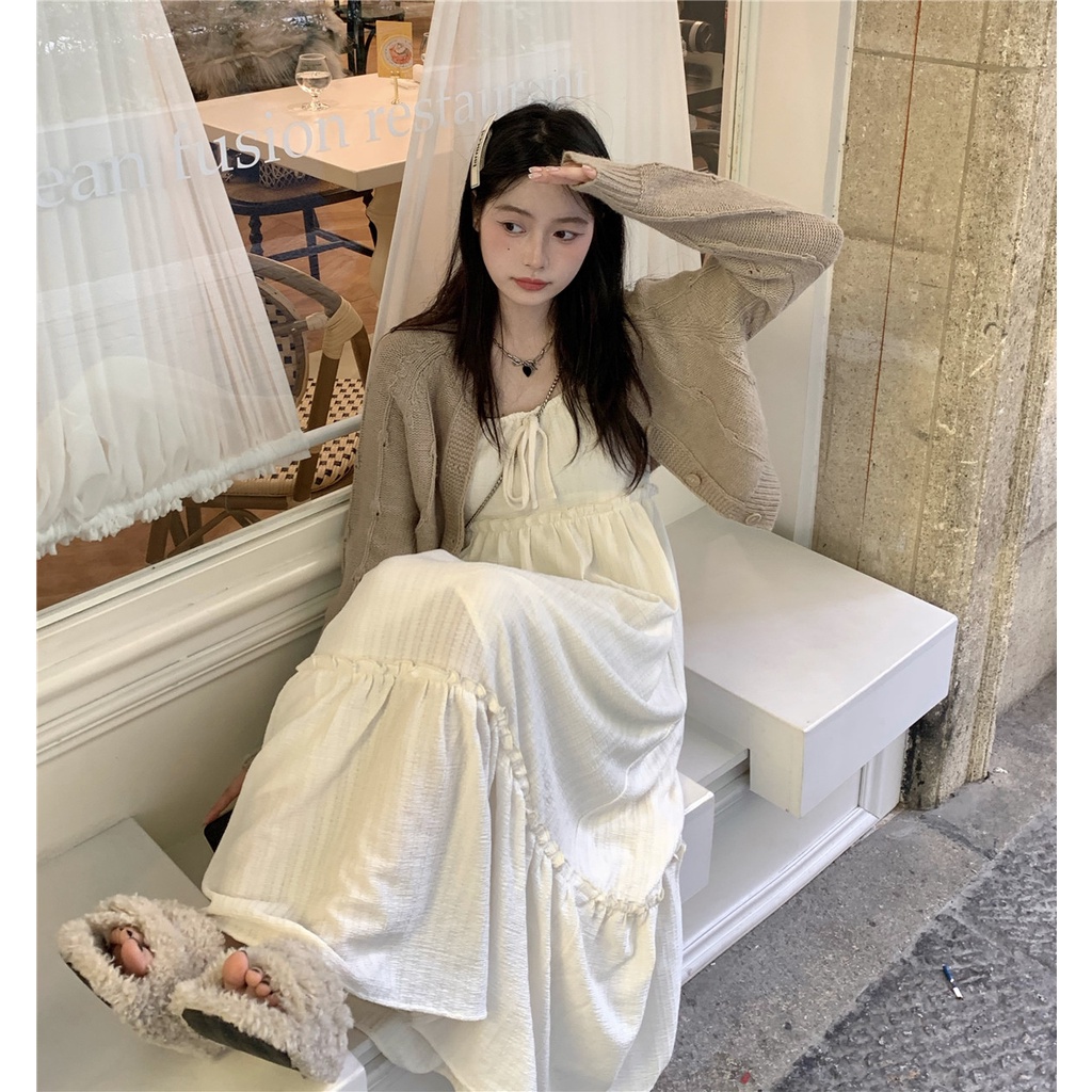 Red Kumikumi loose all-match short sweater jacket women s spring mid-length suspender dress dress two-piece set