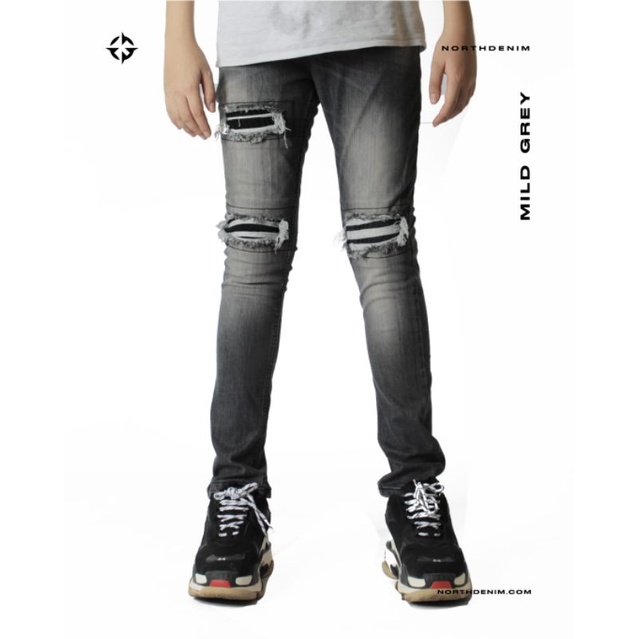 TG36YS NORTH DENIM - MILD GREY - Celana Jeans Denim Pria Abu Stretch Karet Ripped Sobek Tambal skinn