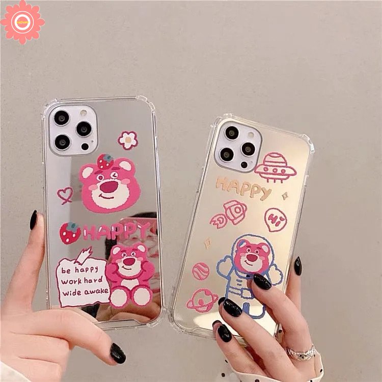 IPHONE Cermin Make Up Imut Strawberry Bear Manyo Case Kompatibel Untuk Iphone11 12 13 Pro MAX 7plus XR 78 Plus X XS MAX SE 2020 Lembut Jatuh Shockproof Back Cover