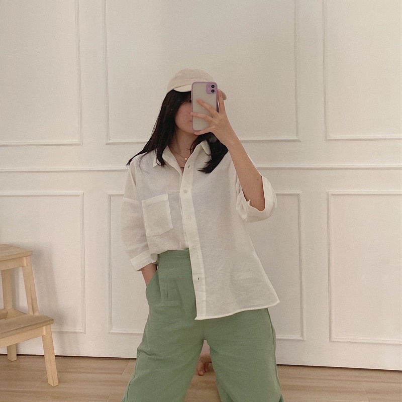 ilook | Kemeja Linen Single Pocket | Ovesized Shirt Linen | Atasan Wanita