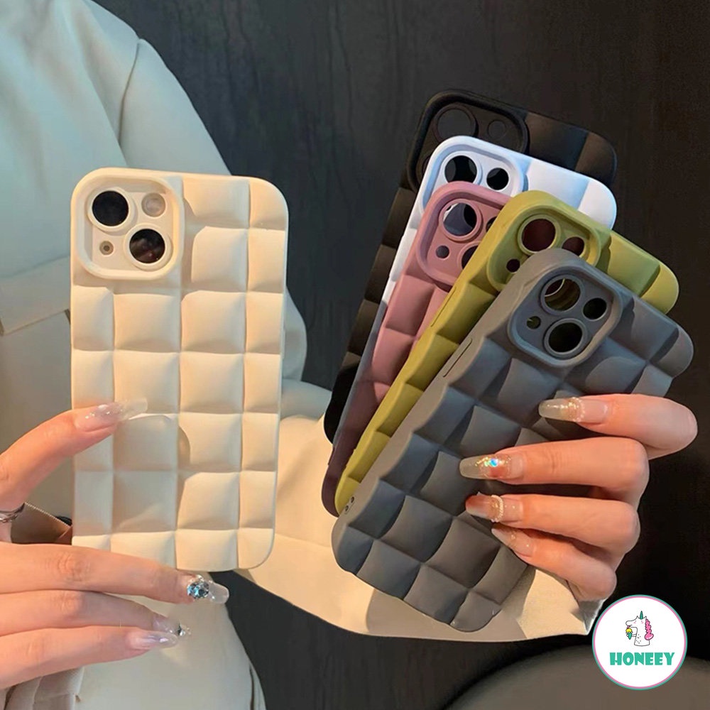 Mewah Lucu Warna Solid Color Grid Matte Soft Phone Case Untuk iPhone 14 Pro Max11 13 12 Silikon Lembut Indah Ponsel Penutup Belakang