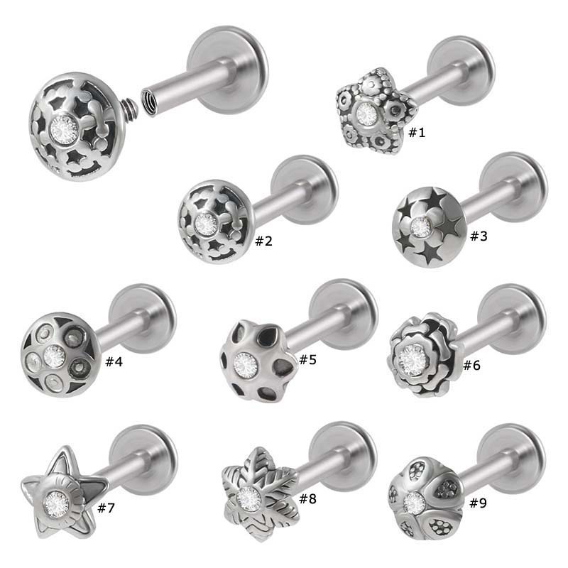 1biji Retro Berbentuk Bunga Helix Telinga Studs Stainless Steel Benang Internal Labret Bibir Studs Lima Bintang 16Gauge Piercing