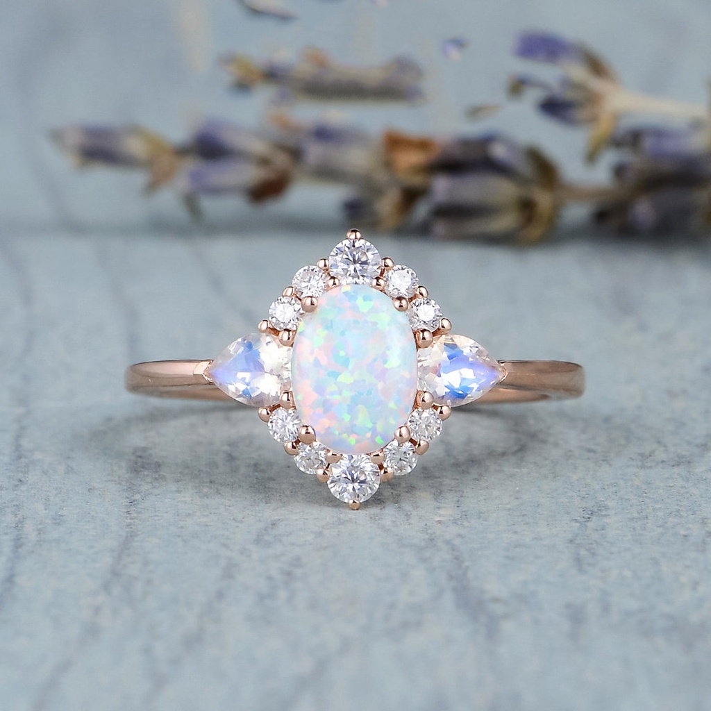 Goldkingdom Fashion Perhiasan Aksesoris Ready Stock Moonstone Opal Cincin Eropa Dan Amerika Klasik Berbentuk Telur Pertunangan Perjamuan Ring