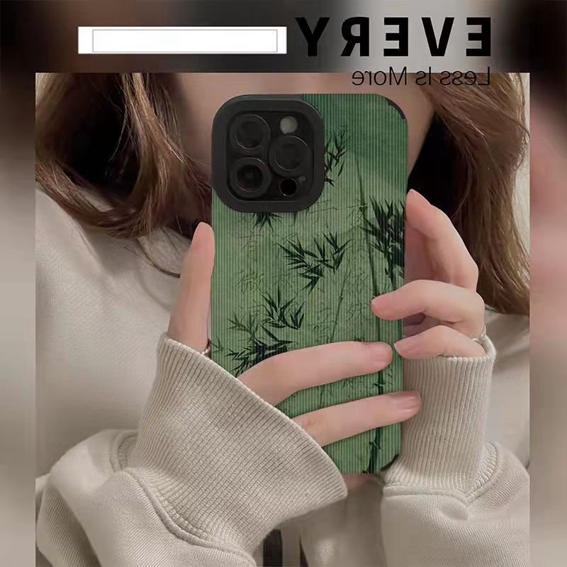 【Lamb Skin】Green bamboo Soft Case for IPhone 6S 7 Plus 8 Plus X XS XR XS Max 11 13 12 14 PRO Max 14 Plus 12 13 Mini Camera Protect Baolongwish Casing